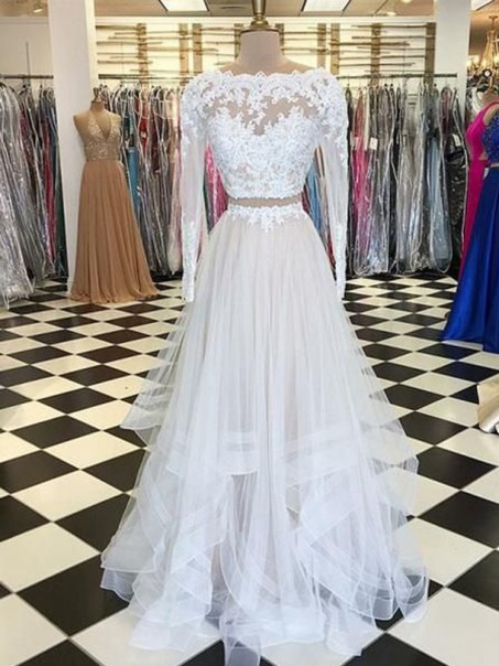 Two Pieces Long Sleeves Lace Long Prom Dresses Formal Evening Dresses 99501205