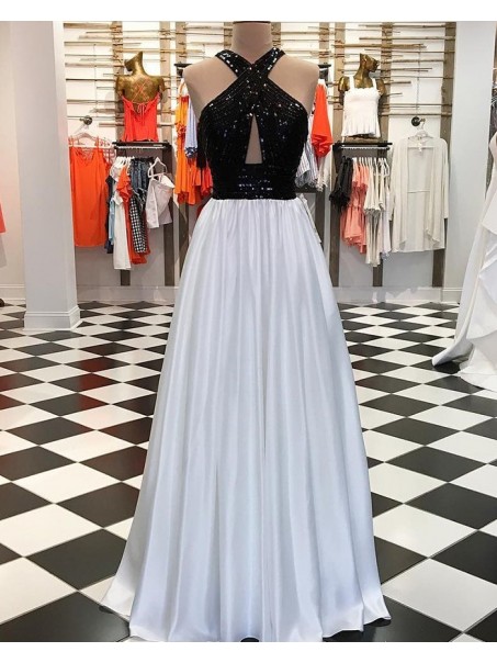 A-Line Beaded Black White Long Prom Dresses Formal Evening Dresses 99501214