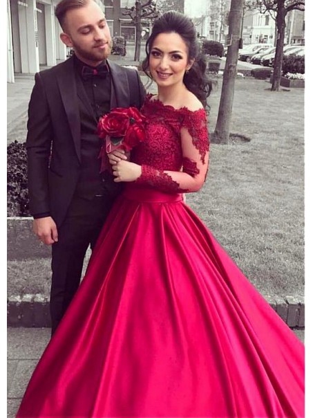 Ball Gown Off-the-Shoulder Lace Long Sleeves Prom Dresses Formal Evening Dresses 99501228