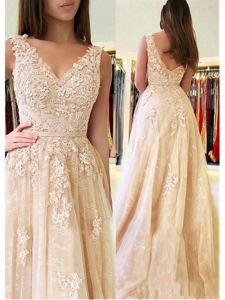 A-Line V-Neck Lace Long Prom Dresses Formal Evening Dresses 99501229 A-Line V-Neck Lace Long Prom Dresses Formal Evening Dresses 99501229