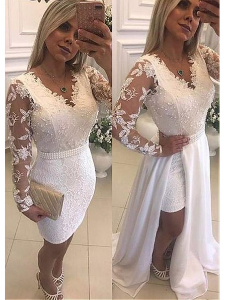 Long Sleeves Beaded V-Neck Lace White Prom Dresses Formal Evening Dresses 99501230 Long Sleeves Beaded V-Neck Lace White Prom Dresses Formal Evening Dresses 99501230