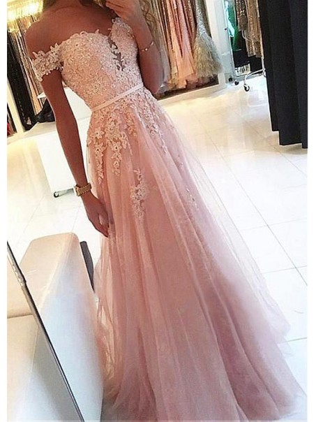 A-Line Lace Tulle Off-the-Shoulder Long Prom Dresses Formal Evening Dresses 99501232