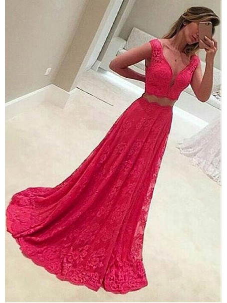 A-Line V-Neck Two Pieces Lace Long Prom Dresses Formal Evening Dresses 99501235 A-Line V-Neck Two Pieces Lace Long Prom Dresses Formal Evening Dresses 99501235