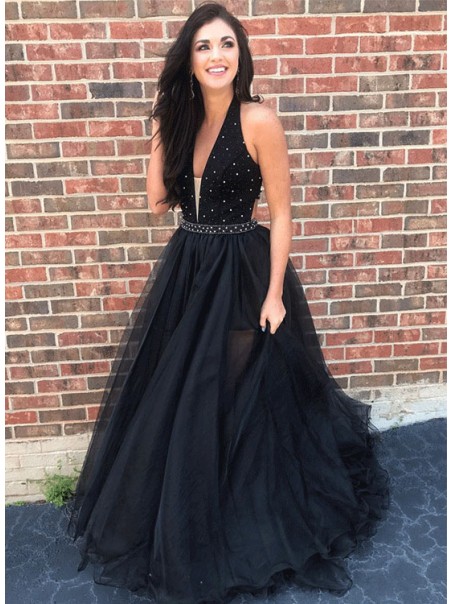 A-Line V-Neck Beaded Black Long Prom Dresses Formal Evening Dresses 99501241