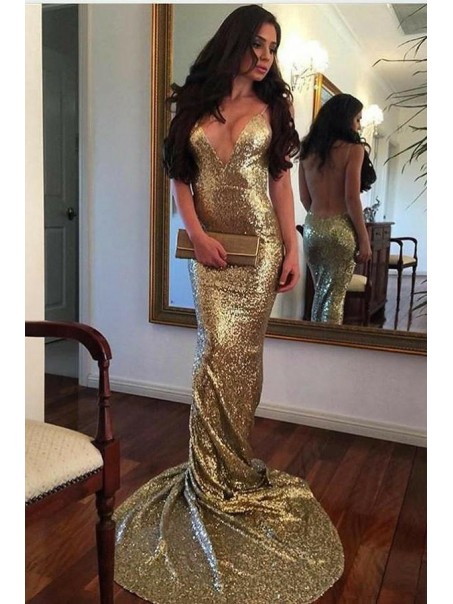 Sexy Mermaid V-Neck Sequins Long Prom Dresses Formal Evening Dresses 99501242