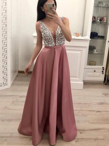 A-Line V-Neck Beaded Long Prom Dresses Formal Evening Dresses 99501247