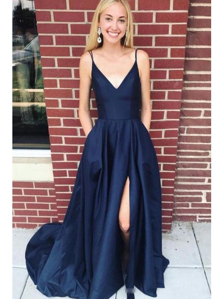 A-Line Spaghetti Straps V-Neck Long Prom Dresses Formal Evening Dresses 99501253
