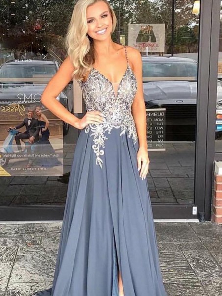 A-Line V-Neck Beaded Lace Chiffon Long Prom Dresses Formal Evening Dresses 99501255