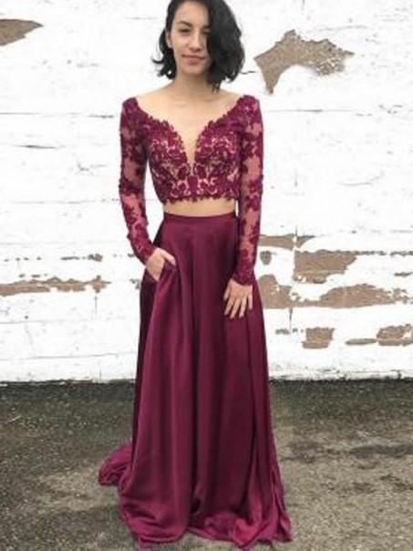 Long Sleeves Two Pieces Lace Long Prom Dresses Formal Evening Dresses 99501256