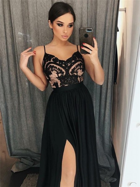 Spaghetti Straps Lace Long Prom Dresses Formal Evening Dresses 99501265