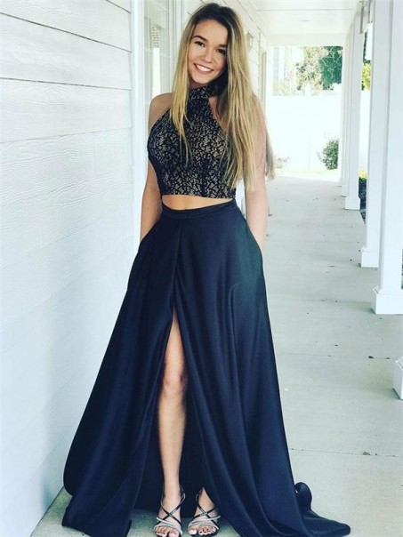 A-Line Two Pieces Lace Long Prom Dresses Formal Evening Dresses 99501266