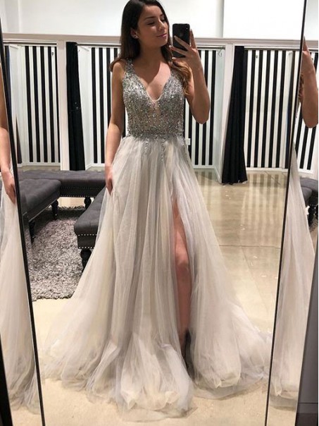 A-Line V-Neck Beaded Tulle Long Prom Dresses Formal Evening Dresses 99501275