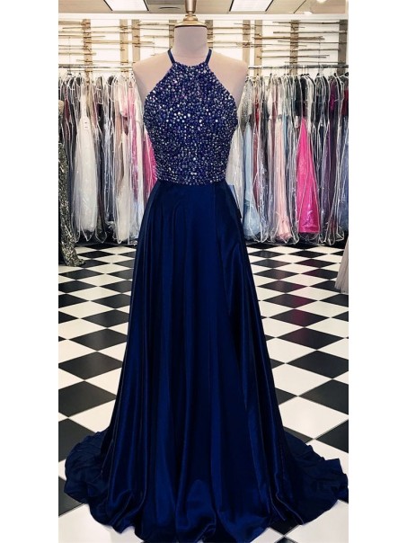 A-Line Halter Beaded Long Prom Dresses Formal Evening Dresses 99501278