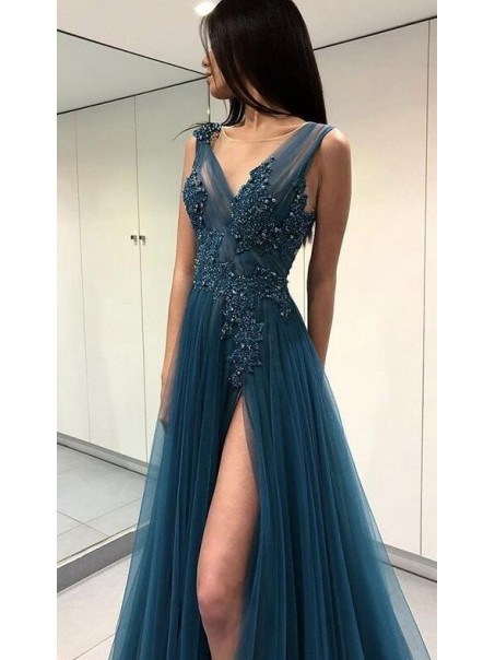 A-Line Beaded Lace Tulle Long Prom Dresses Formal Evening Dresses 99501284
