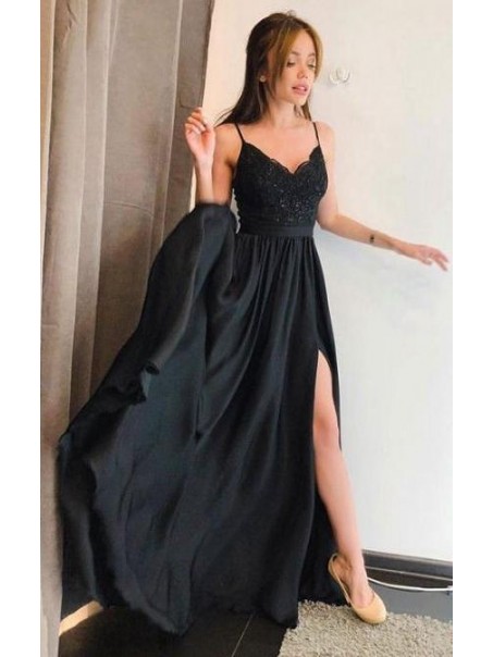 A-Line Spaghetti Straps Lace Long Black Prom Dresses Formal Evening Dresses 99501285
