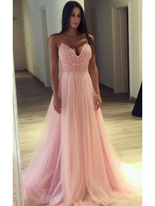 A-Line V-Neck Long Pink Lace Tulle Long Prom Dresses Formal Evening Dresses 99501287 A-Line V-Neck Long Pink Lace Tulle Long Prom Dresses Formal Evening Dresses 99501287