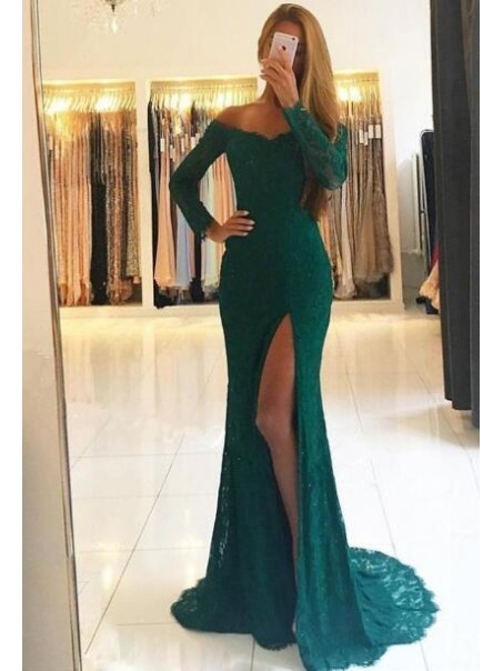 Mermaid Off-the-Shoulder Lace Long Sleeves Prom Dresses Formal Evening Dresses 99501288