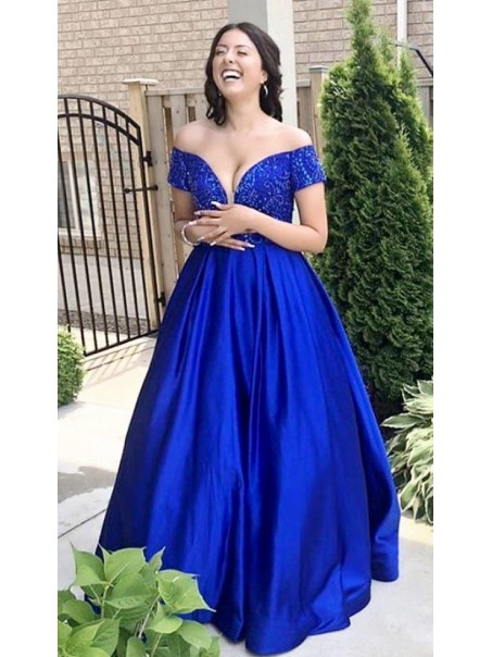Ball Gown Off-the-Shoulder Beaded Long Prom Dresses Formal Evening Dresses 99501292