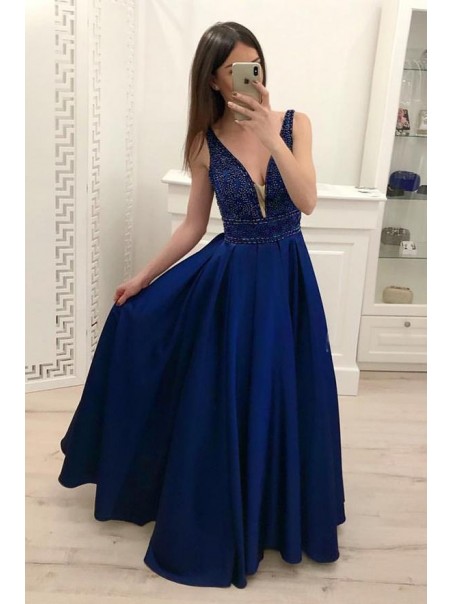 A-Line V-Neck Beaded Long Prom Dresses Formal Evening Dresses 99501297