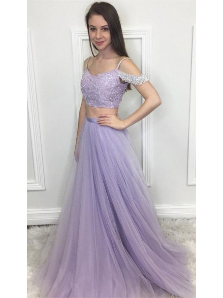 A-Line Beaded Two Pieces Long Prom Dresses Formal Evening Dresses 99501319