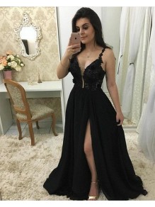 A-Line Beaded Lace Chiffon Long Black Prom Dresses Formal Evening Dresses 99501322 A-Line Beaded Lace Chiffon Long Black Prom Dresses Formal Evening Dresses 99501322