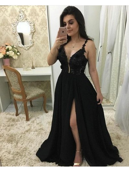 A-Line Beaded Lace Chiffon Long Black Prom Dresses Formal Evening Dresses 99501322