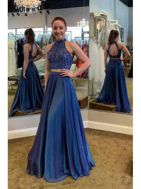 A-Line Two Pieces Beaded Long Prom Dresses Formal Evening Dresses 99501330