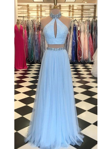 A-Line Beaded Two Pieces Long Prom Dresses Formal Evening Dresses 99501334