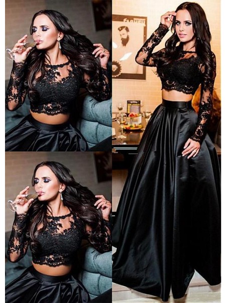 A-Line Lace Long Sleeves Two Pieces Long Prom Dresses Formal Evening Dresses 99501343