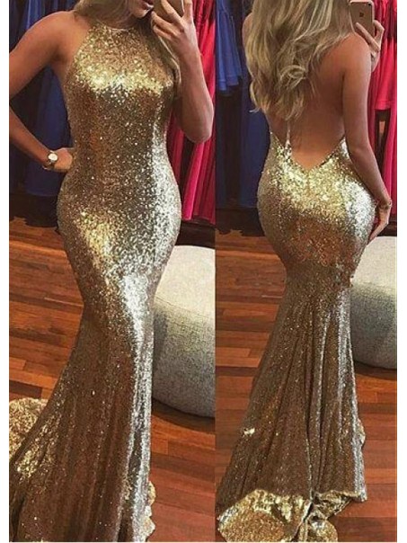 Mermaid Halter Backless Sequins Long Prom Dresses Formal Evening Dresses 99501345