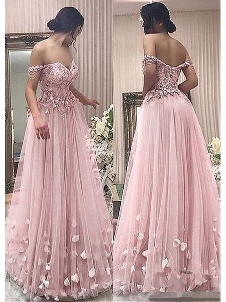 A-Line Off-the-Shoulder Beaded Lace Tulle Long Prom Dresses Formal Evening Dresses 99501346