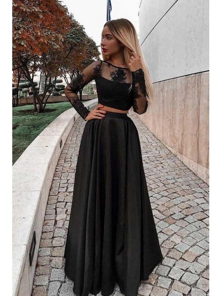 A-Line Two Pieces Lace Long Sleeves Black Prom Dresses Formal Evening Dresses 99501354