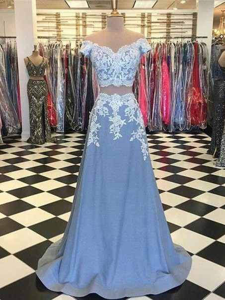 A-Line Two Pieces Lace Long Prom Dresses Formal Evening Dresses 99501359