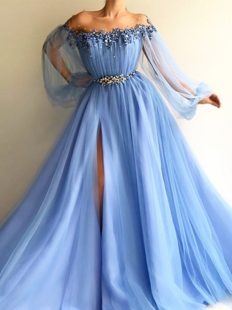 Beaded Lace Tulle Long Sleeves Long Prom Dresses Formal Evening Dresses 99501366