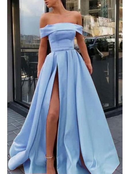 A-Line Off the Shoulder Satin High Slit Long Prom Dresses Formal Evening Dresses 99501371