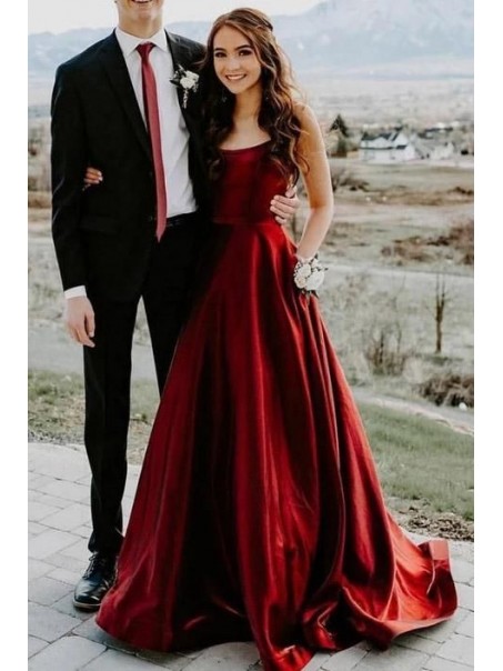 Elegant A-Line Satin Long Prom Dresses Evening Gowns with Pockets 99501375