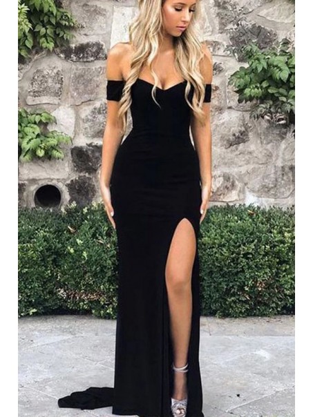 Elegant Long Black Off-the-Shoulder Prom Dresses Evening Gowns with Slit 99501381 Elegant Long Black Off-the-Shoulder Prom Dresses Evening Gowns with Slit 99501381