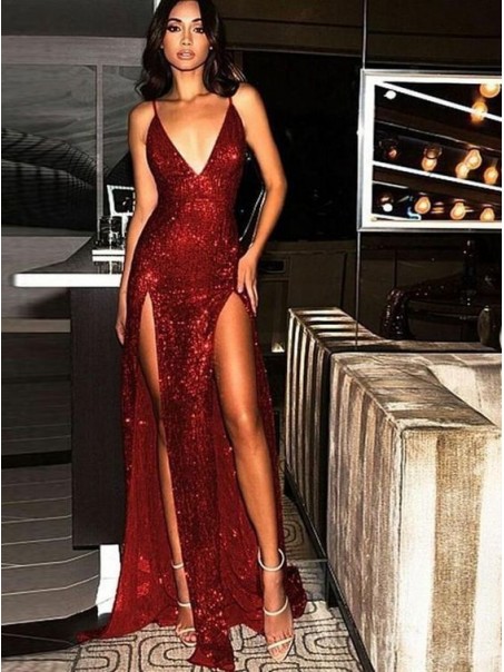 Sexy Spaghetti Straps V-neck Sparkling Long Prom Dress Formal Evening Dresses with High Slits 99501388 Sexy Spaghetti Straps V-neck Sparkling Long Prom Dress Formal Evening Dresses with High Slits 99501388