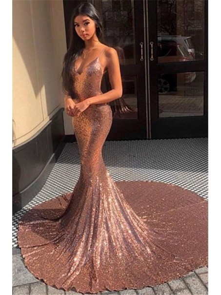 Sexy Mermaid Spaghetti Straps V-neck Sparkling Long Prom Dress Formal Evening Dresses 99501392