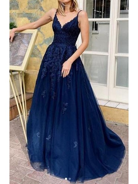 A-Line V-Neck Lace Appliques Long Prom Dress Formal Evening Dresses 99501419