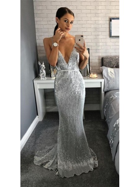 Mermaid V-Neck Spaghetti Straps Sparkling Long Prom Dress Formal Evening Dresses 99501427