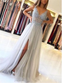 A-Line Beaded V-Neck Tulle Long Prom Dress Formal Evening Dresses 99501440