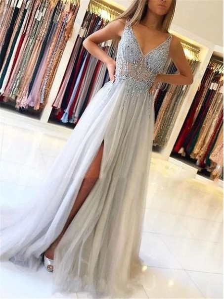 A-Line Beaded V-Neck Tulle Long Prom Dress Formal Evening Dresses 99501440