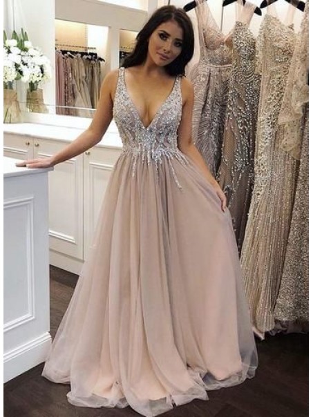 A-Line Beaded V-Neck Long Prom Dress Formal Evening Dresses 99501442