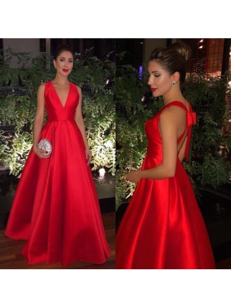 A-Line V-Neck Long Red Satin Prom Dress Formal Evening Dresses 99501443