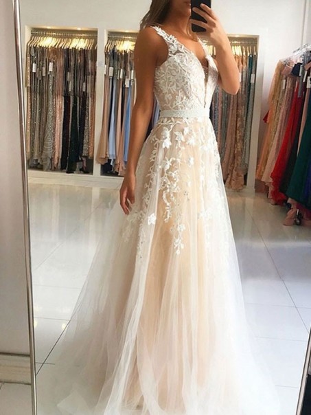 A-Line V-Neck Lace Appliques Long Prom Dress Formal Evening Dresses 99501446
