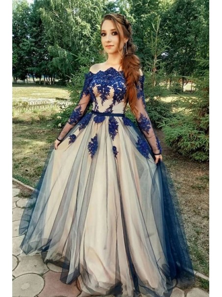 A-Line Off-the-Shoulder Long Sleeves Lace Appliques Long Prom Dress Formal Evening Dresses 99501447