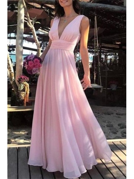 A-Line Long Pink V-Neck Chiffon Prom Dress Formal Evening Dresses 99501448