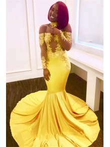 Mermaid Off-the-Shoulder Long Sleeves Yellow Lace Prom Dress Formal Evening Dresses 99501457