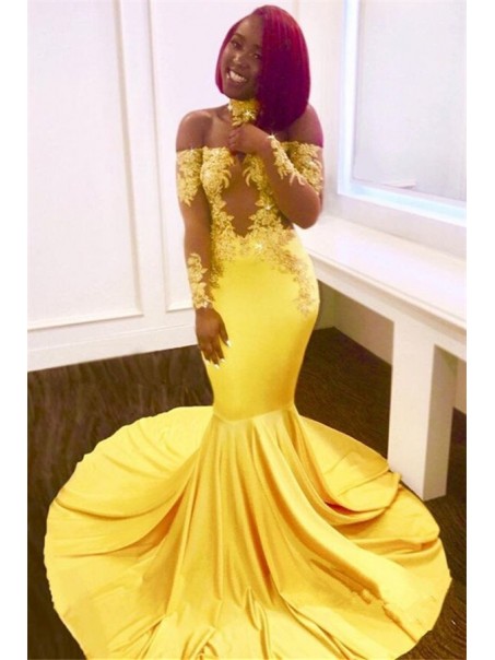 Mermaid Off-the-Shoulder Long Sleeves Yellow Lace Prom Dress Formal Evening Dresses 99501457